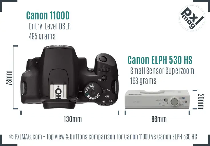 Canon 1100D vs Canon ELPH 530 HS top view buttons comparison Canon 1100D vs Canon ELPH 530 HS top view buttons comparison