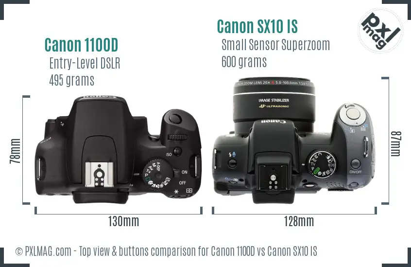 Canon 1100D vs Canon SX10 IS top view buttons comparison Canon 1100D vs Canon SX10 IS top view buttons comparison