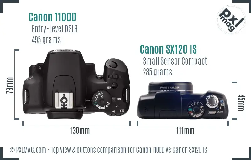 Canon 1100D vs Canon SX120 IS top view buttons comparison