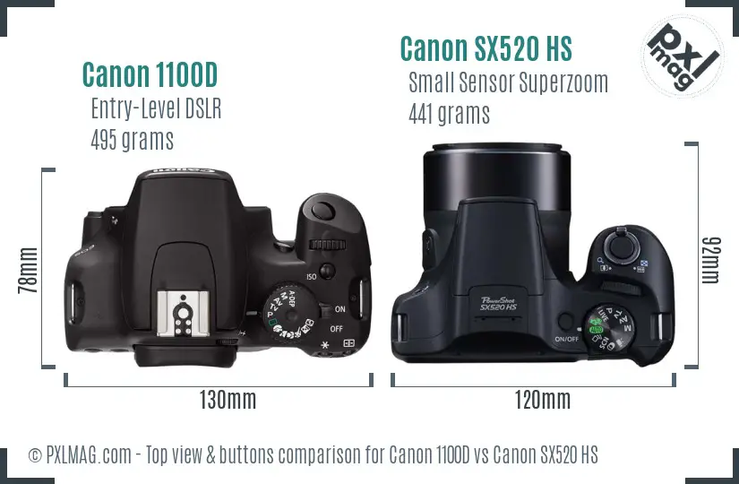 Canon 1100D vs Canon SX520 HS top view buttons comparison Canon 1100D vs Canon SX520 HS top view buttons comparison