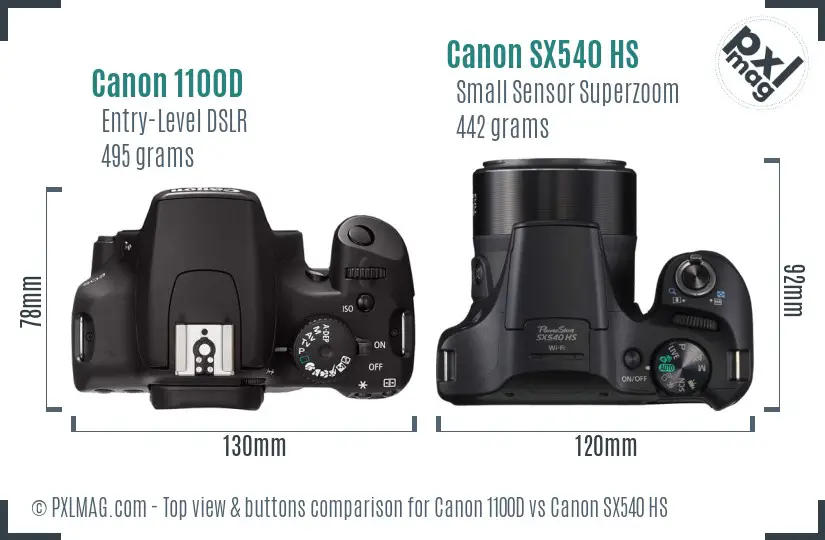Canon 1100D vs Canon SX540 HS top view buttons comparison