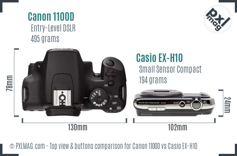 Canon 1100D vs Casio EX-H10 top view buttons comparison