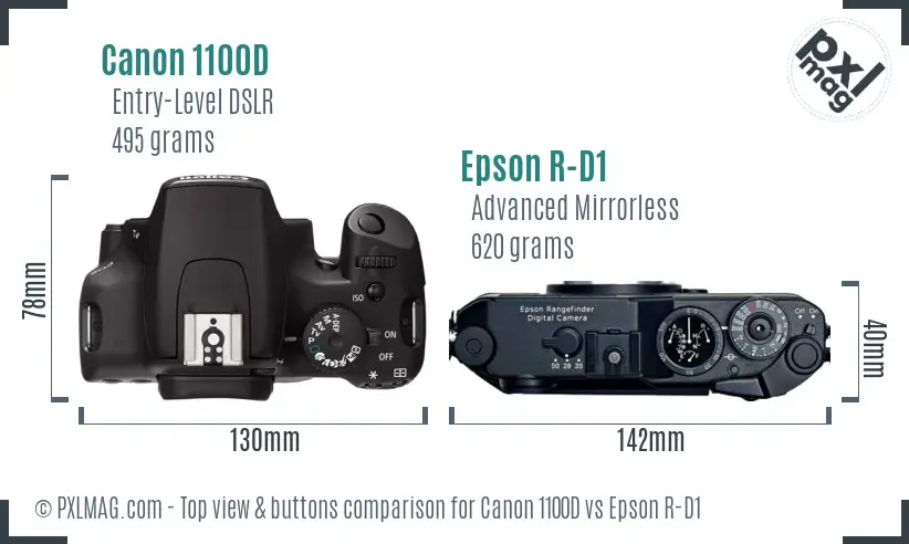 Canon 1100D vs Epson R-D1 top view buttons comparison