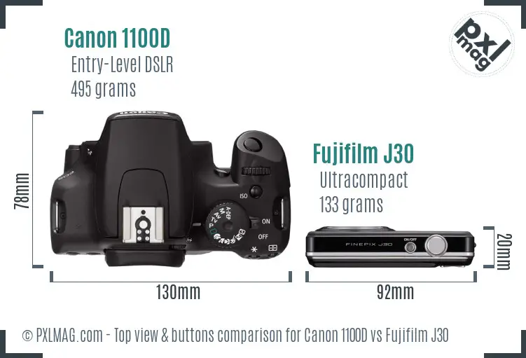 Canon 1100D vs Fujifilm J30 top view buttons comparison