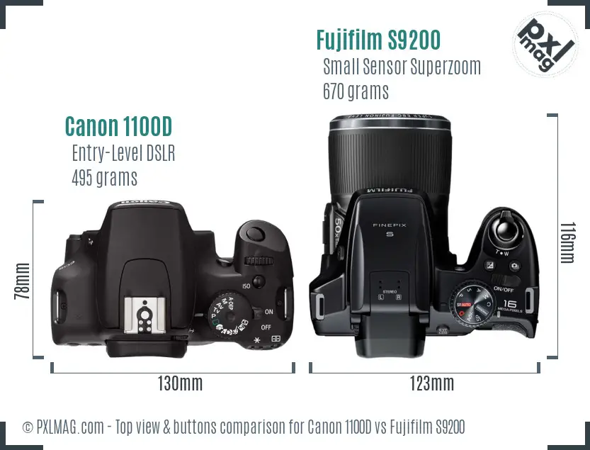 Canon 1100D vs Fujifilm S9200 top view buttons comparison