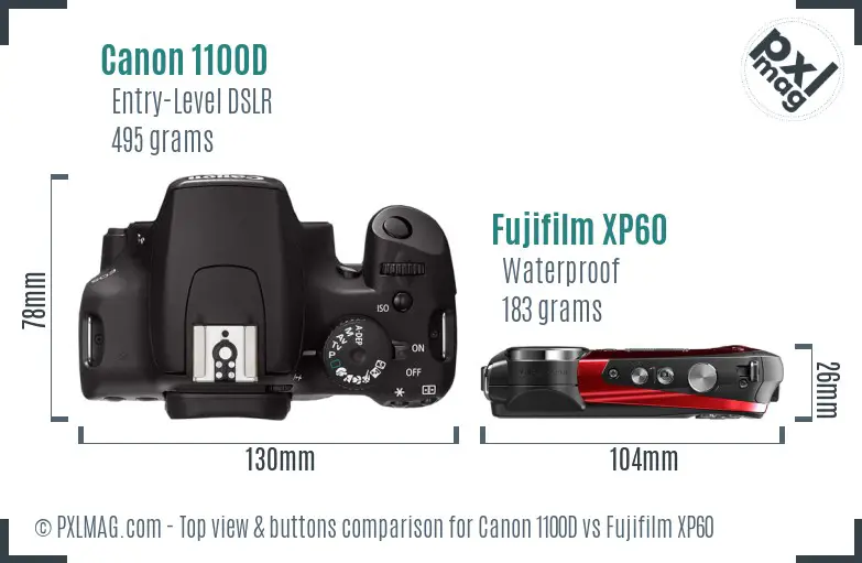 Canon 1100D vs Fujifilm XP60 top view buttons comparison