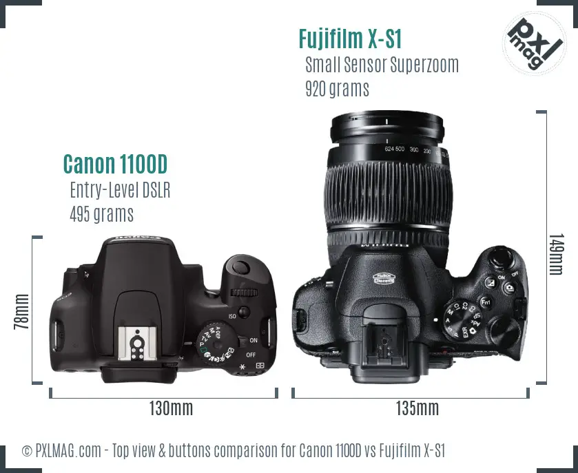 Canon 1100D vs Fujifilm X-S1 top view buttons comparison Canon 1100D vs Fujifilm X-S1 top view buttons comparison