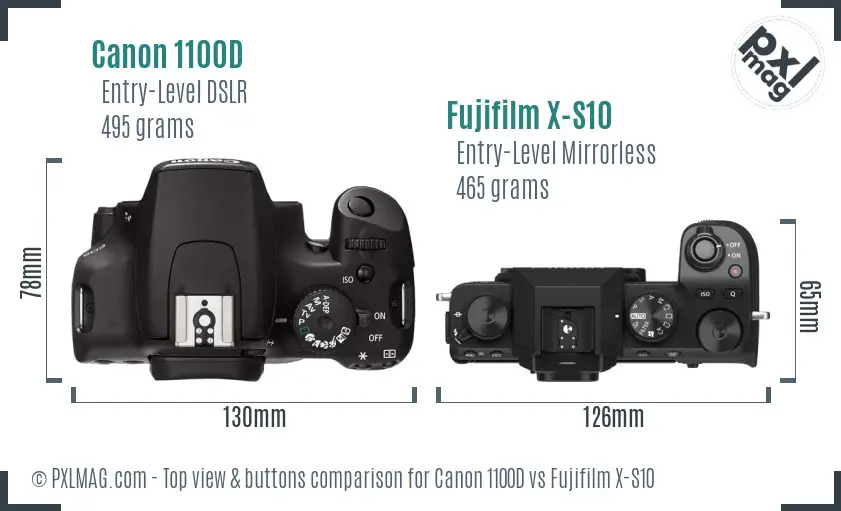 Canon 1100D vs Fujifilm X-S10 top view buttons comparison