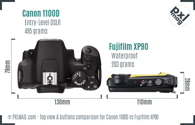 Canon 1100D vs Fujifilm XP90 top view buttons comparison