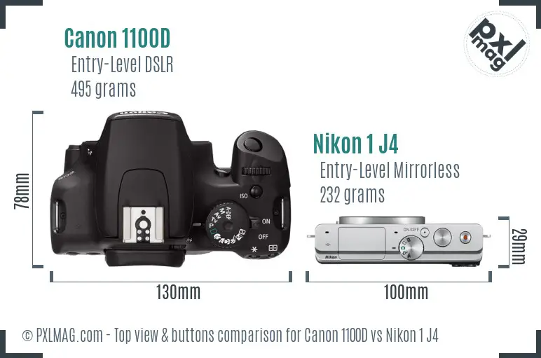 Canon 1100D vs Nikon 1 J4 top view buttons comparison