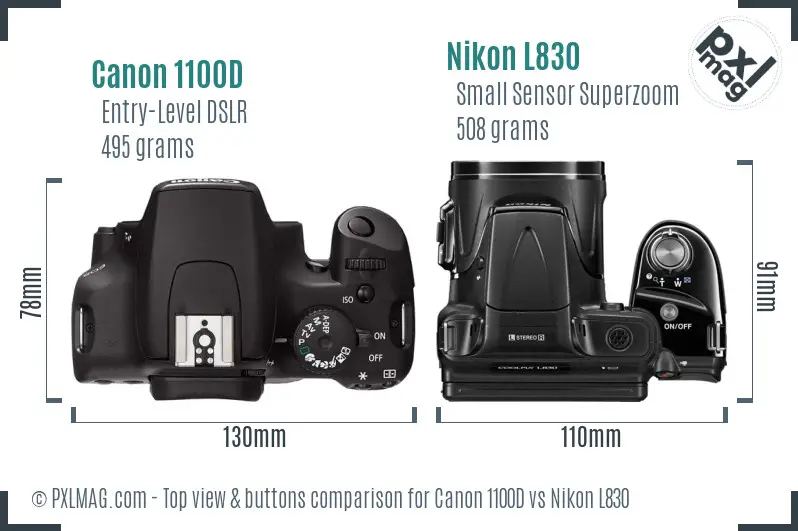 Canon 1100D vs Nikon L830 top view buttons comparison Canon 1100D vs Nikon L830 top view buttons comparison