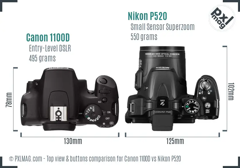 Canon 1100D vs Nikon P520 top view buttons comparison