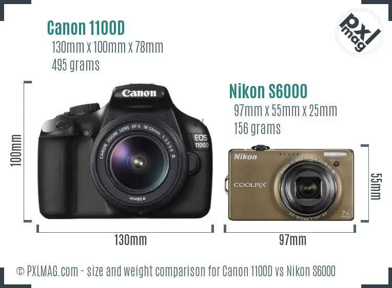 Canon 1100D vs Nikon S6000 size comparison