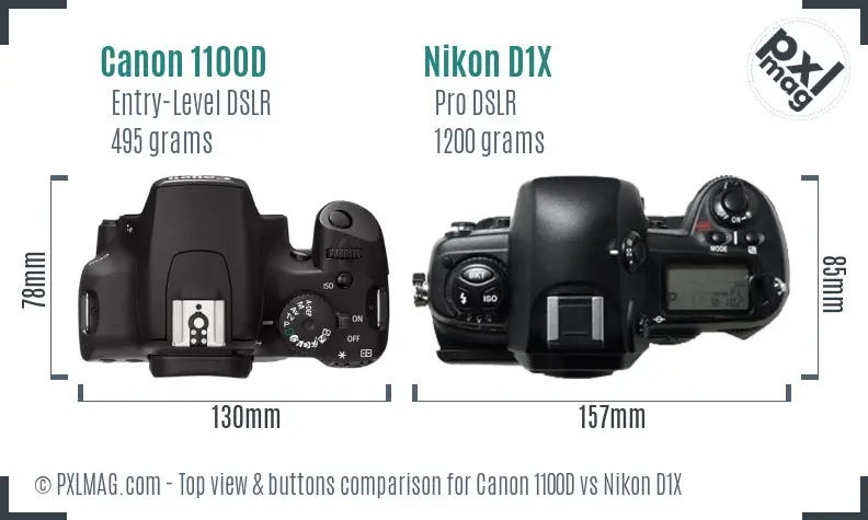 Canon 1100D vs Nikon D1X top view buttons comparison
