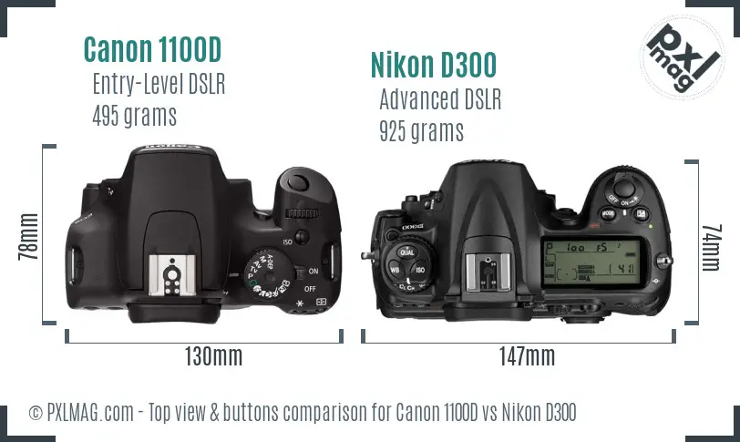 Canon 1100D vs Nikon D300 top view buttons comparison