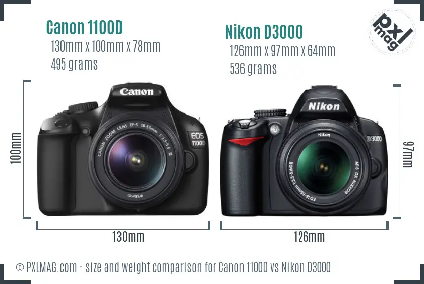 Canon 1100D vs Nikon D3000 size comparison