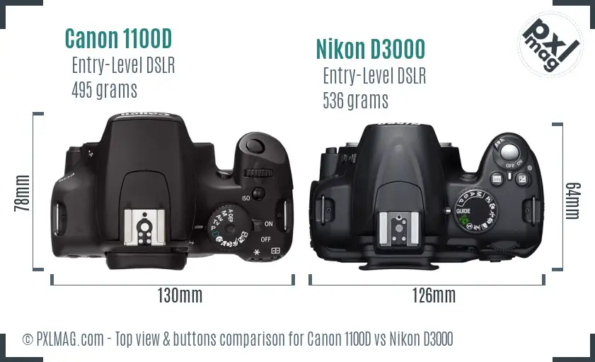 Canon 1100D vs Nikon D3000 top view buttons comparison