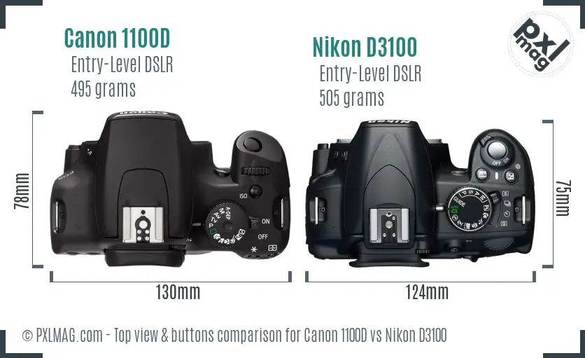 Canon 1100D vs Nikon D3100 top view buttons comparison