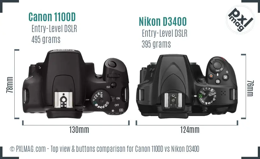 Canon 1100D vs Nikon D3400 top view buttons comparison