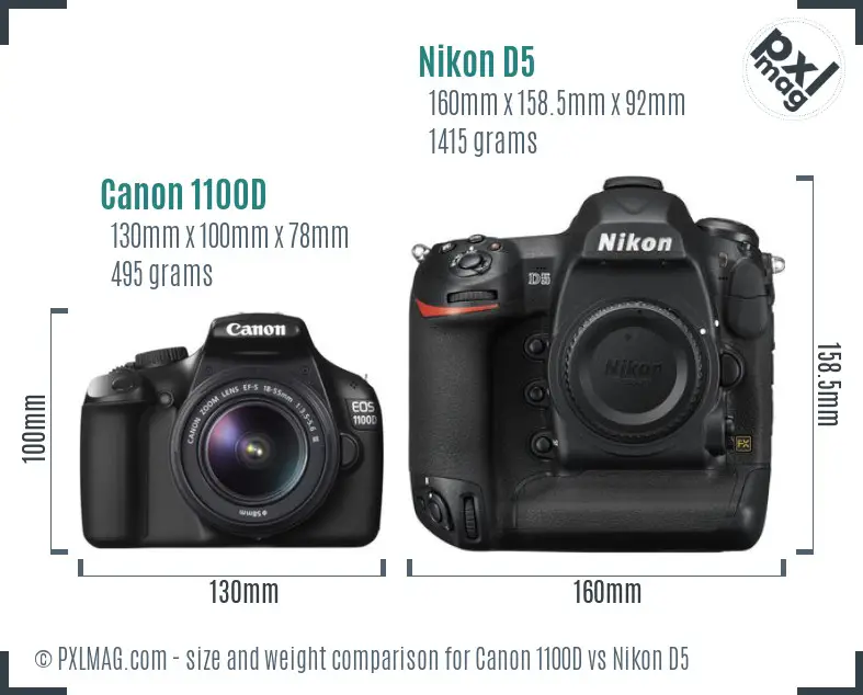 Canon 1100D vs Nikon D5 size comparison