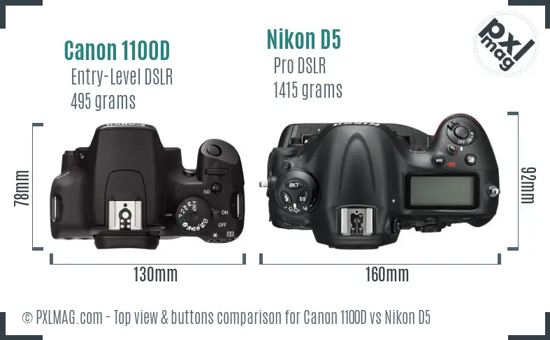 Canon 1100D vs Nikon D5 top view buttons comparison