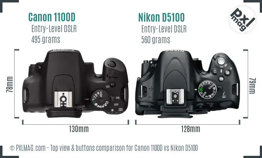 Canon 1100D vs Nikon D5100 top view buttons comparison