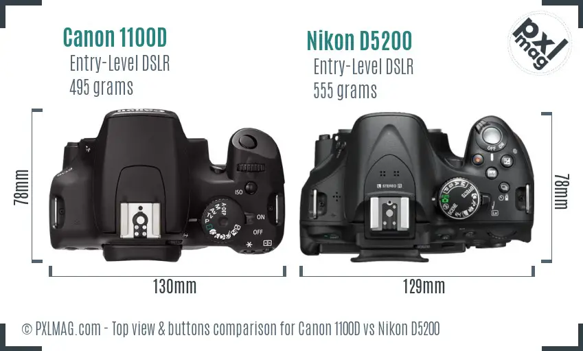 Canon 1100D vs Nikon D5200 top view buttons comparison