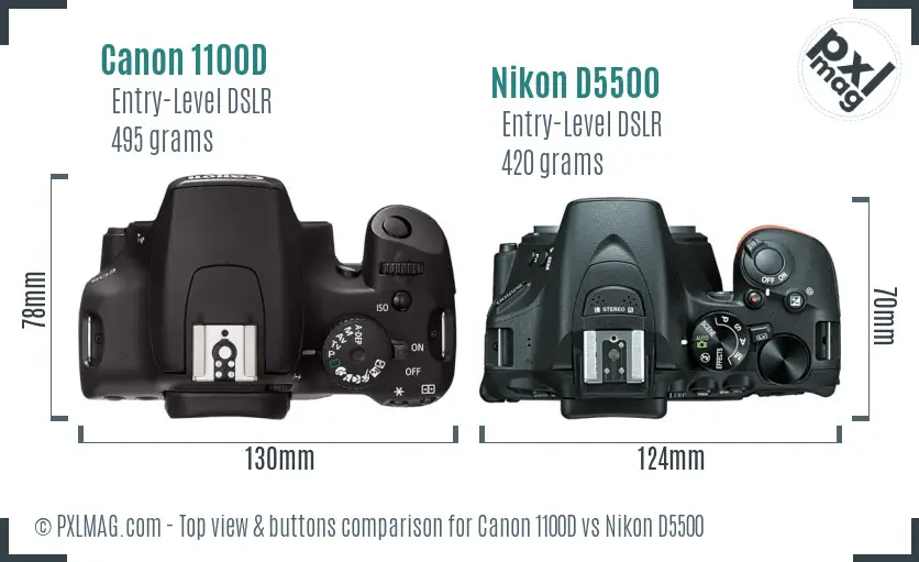 Canon 1100D vs Nikon D5500 top view buttons comparison