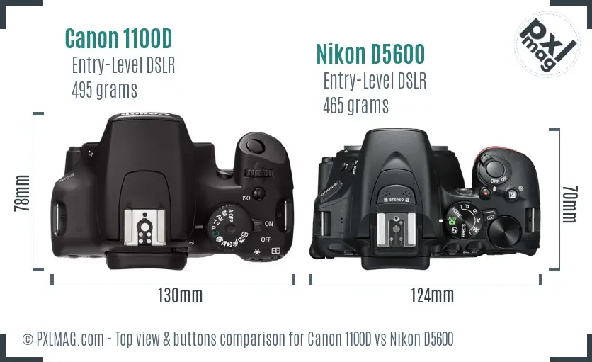 Canon 1100D vs Nikon D5600 top view buttons comparison