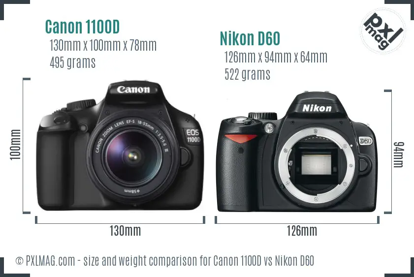 Canon 1100D vs Nikon D60 size comparison