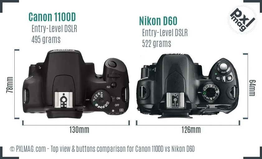 Canon 1100D vs Nikon D60 top view buttons comparison