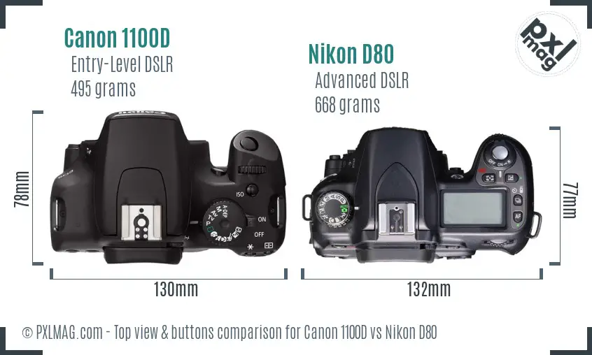 Canon 1100D vs Nikon D80 top view buttons comparison Canon 1100D vs Nikon D80 top view buttons comparison