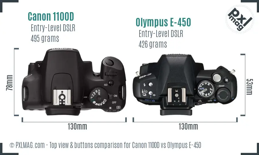 Canon 1100D vs Olympus E-450 top view buttons comparison
