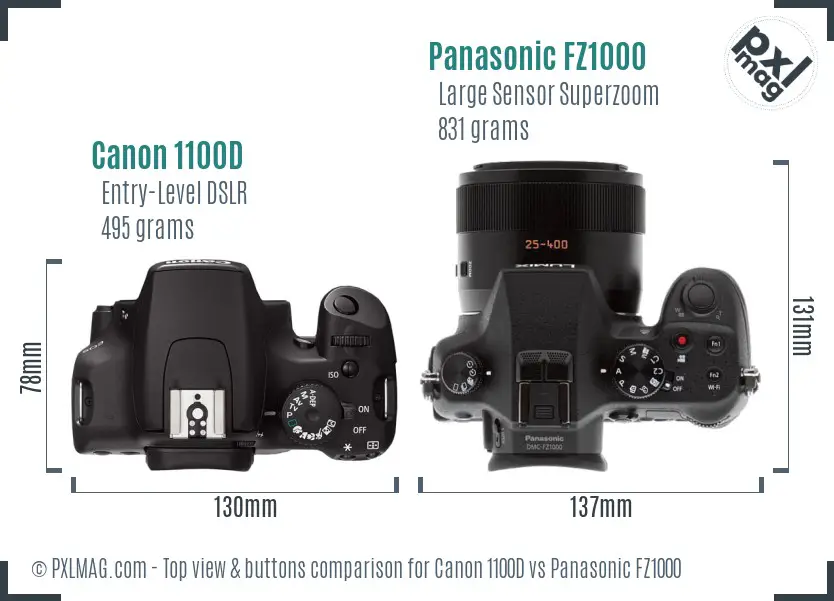 Canon 1100D vs Panasonic FZ1000 top view buttons comparison