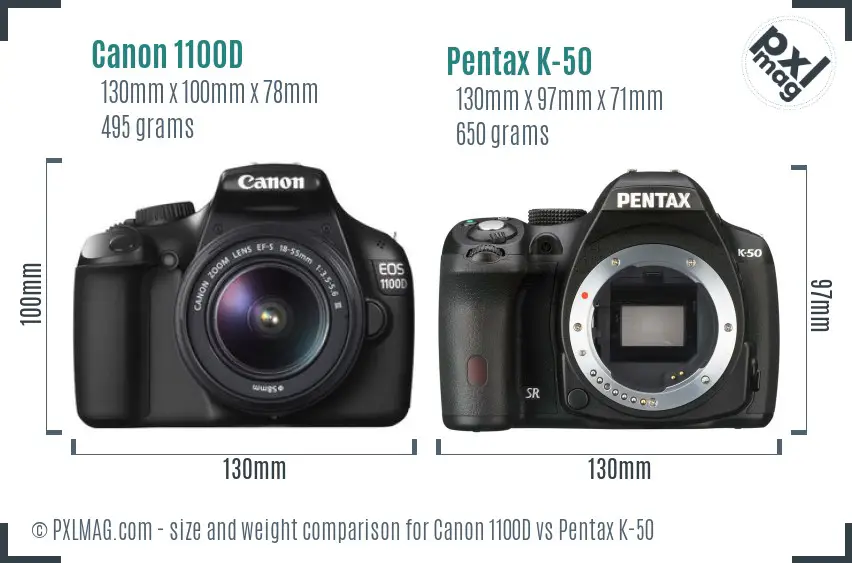 Canon 1100D vs Pentax K-50 size comparison