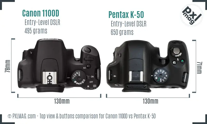 Canon 1100D vs Pentax K-50 top view buttons comparison