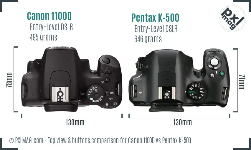 Canon 1100D vs Pentax K-500 top view buttons comparison