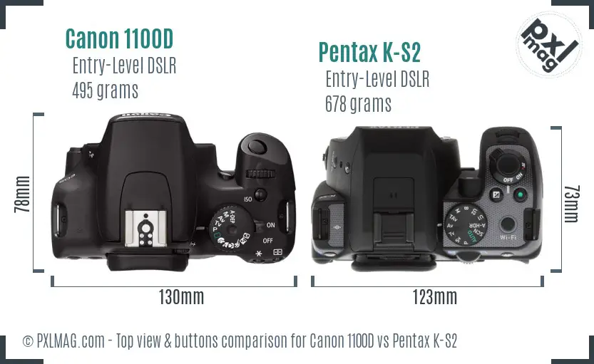 Canon 1100D vs Pentax K-S2 top view buttons comparison