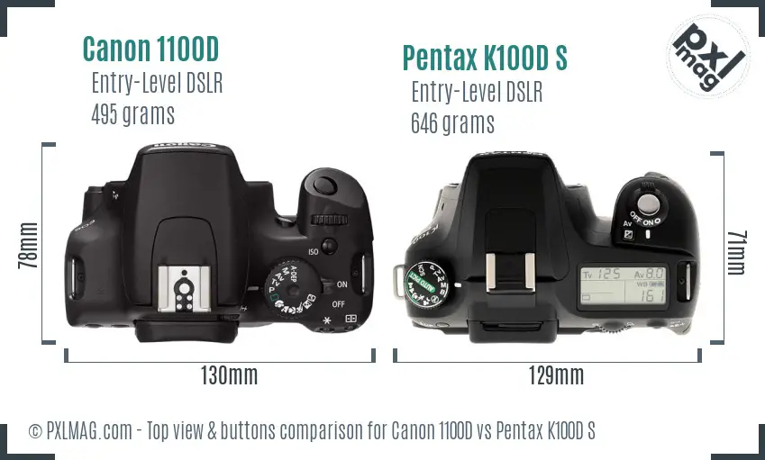 Canon 1100D vs Pentax K100D S top view buttons comparison