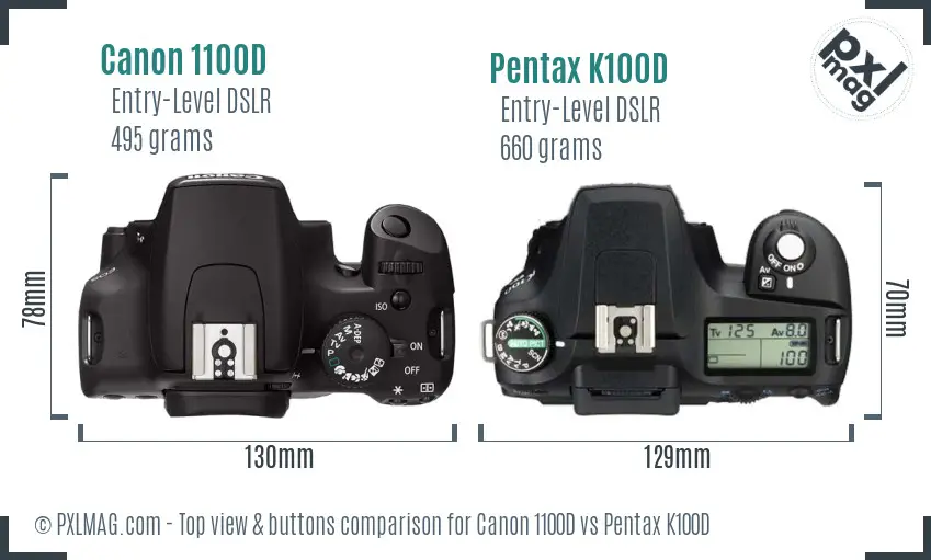 Canon 1100D vs Pentax K100D top view buttons comparison