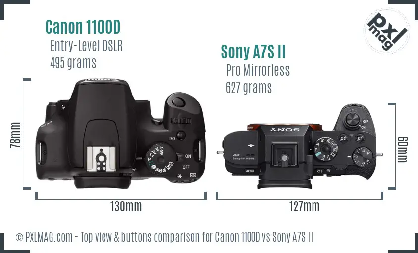 Canon 1100D vs Sony A7S II top view buttons comparison