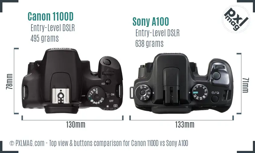 Canon 1100D vs Sony A100 top view buttons comparison
