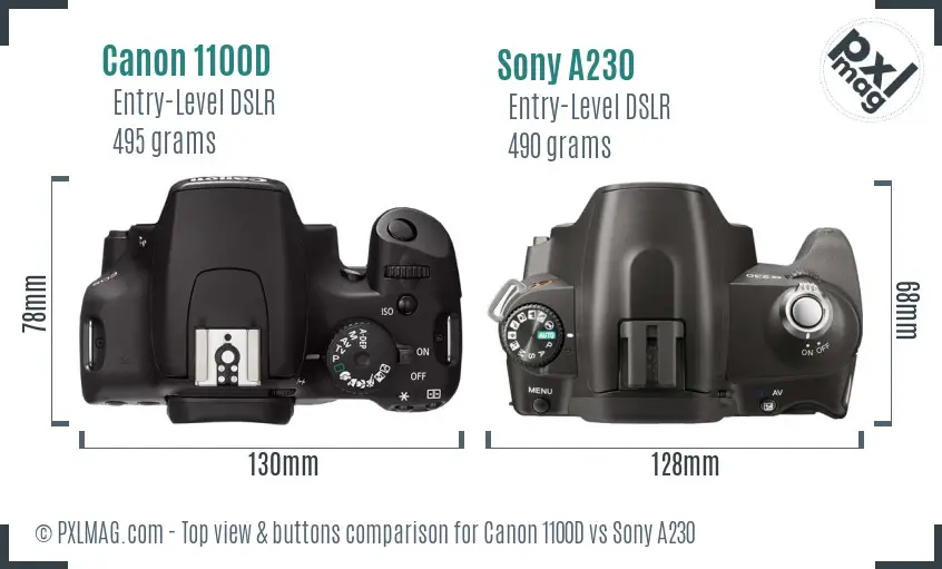 Canon 1100D vs Sony A230 top view buttons comparison