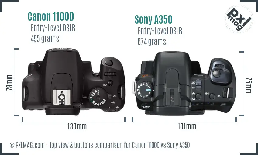 Canon 1100D vs Sony A350 top view buttons comparison