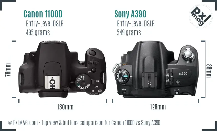 Canon 1100D vs Sony A390 top view buttons comparison