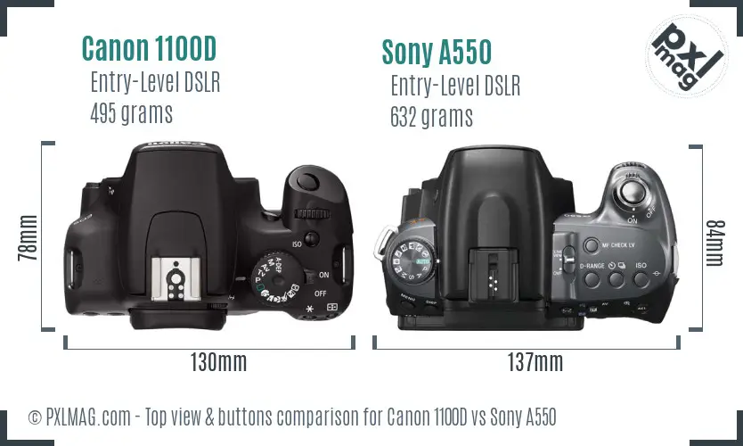 Canon 1100D vs Sony A550 top view buttons comparison