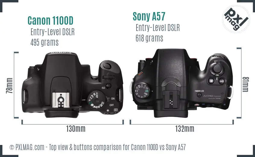 Canon 1100D vs Sony A57 top view buttons comparison