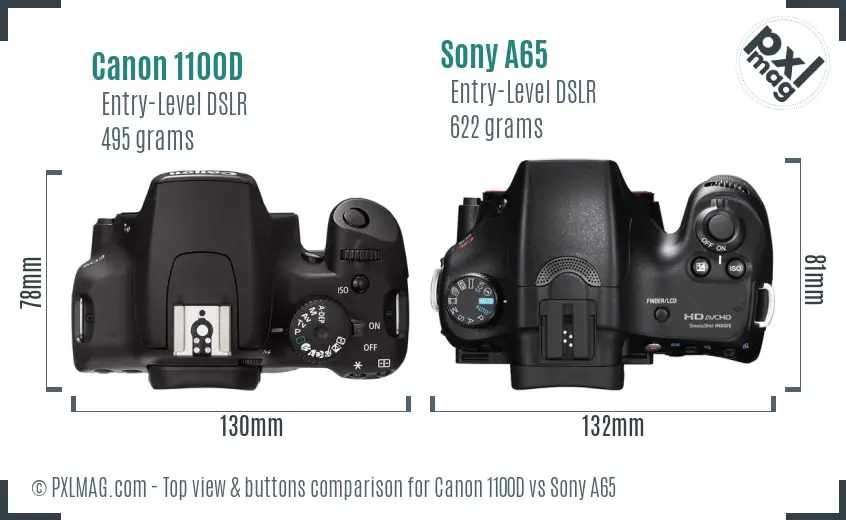 Canon 1100D vs Sony A65 top view buttons comparison