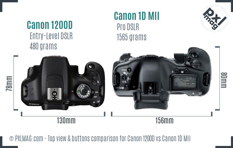 Canon 1200D vs Canon 1D MII top view buttons comparison