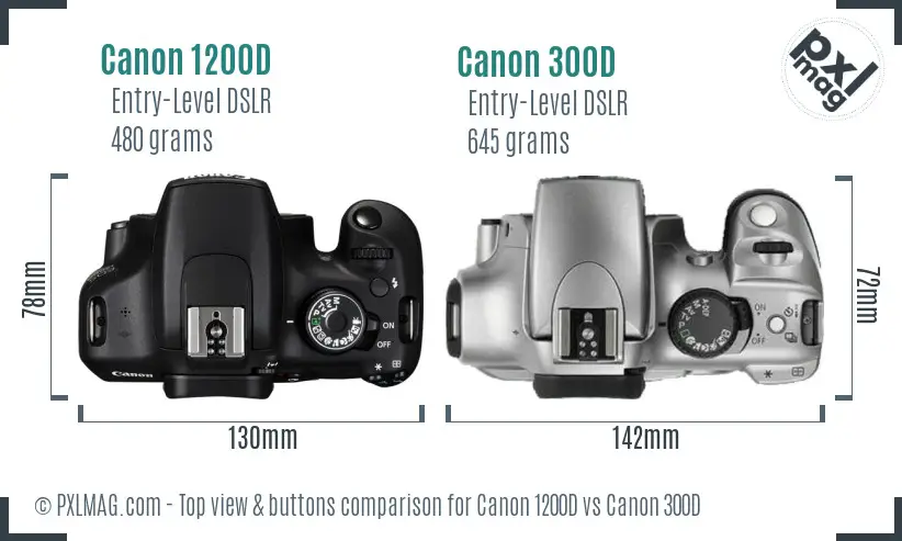 Canon 1200D vs Canon 300D top view buttons comparison